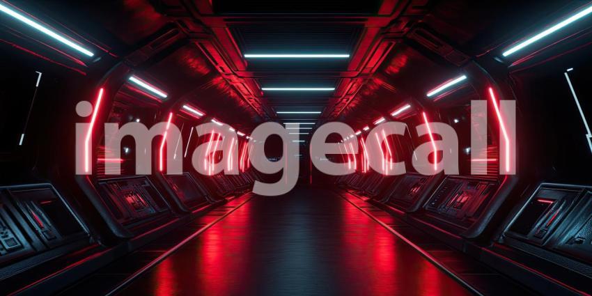 Dark Sci-Fi Spaceship Corridor with Red LED Strips, Futuristic and Suspenseful Background Design