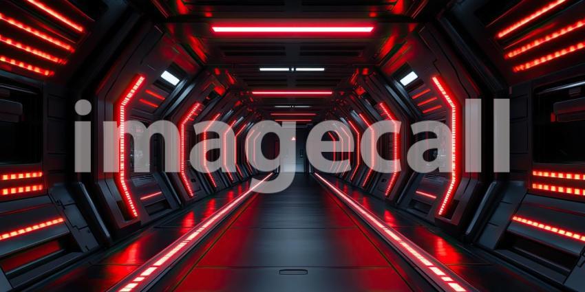 Dark Sci-Fi Spaceship Corridor with Red LED Strips, Futuristic and Suspenseful Background Design