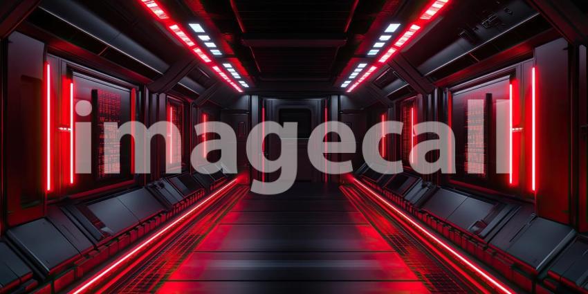 Dark Sci-Fi Spaceship Corridor with Red LED Strips, Futuristic and Suspenseful Background Design