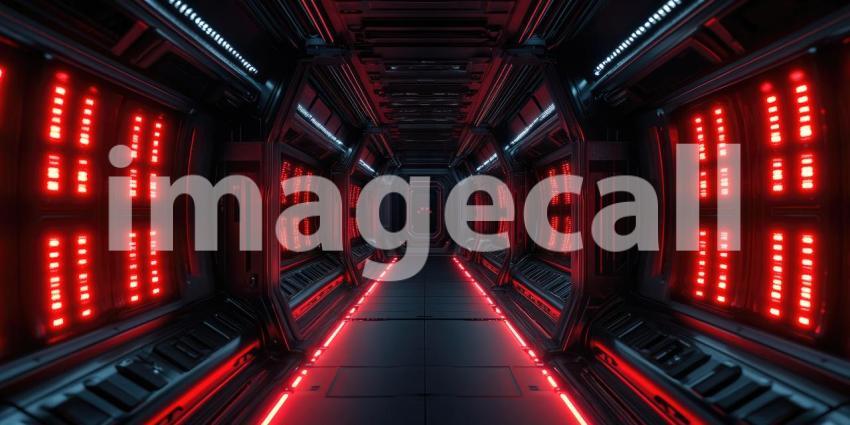 Dark Sci-Fi Spaceship Corridor with Red LED Strips, Futuristic and Suspenseful Background Design