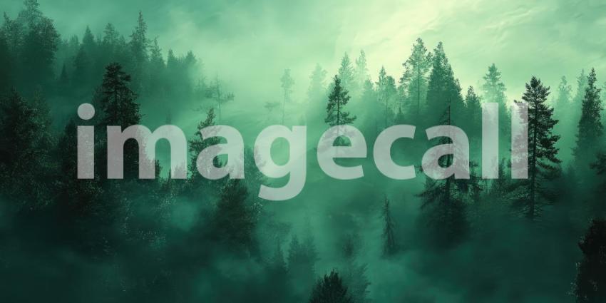 Deep Emerald Green Forest with Misty Fog Layers, Enchanted Nature Scene, Dreamy Woodland Atmosphere, Serene Wilderness