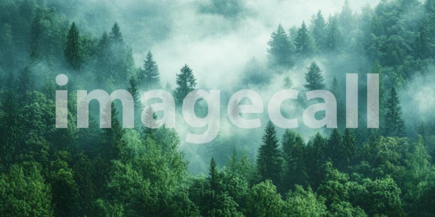 Deep Emerald Green Forest with Misty Fog Layers, Enchanted Nature Scene, Dreamy Woodland Atmosphere, Serene Wilderness