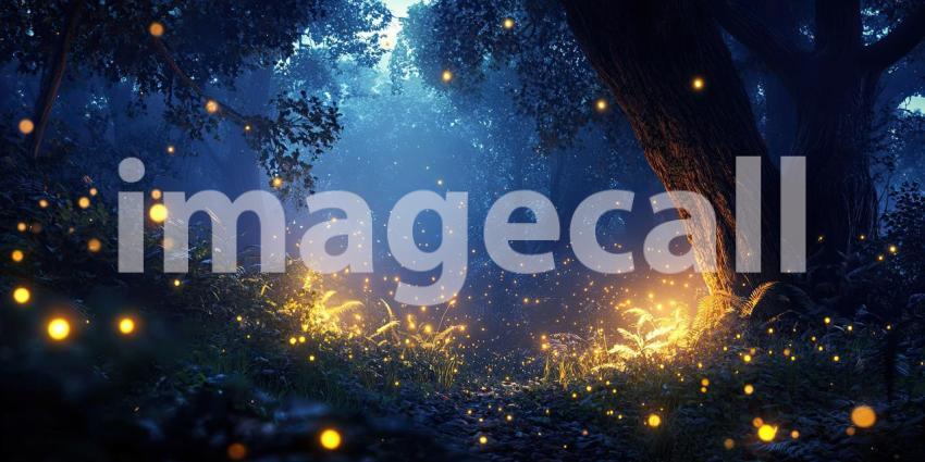 Deep Enchanted Forest with Glowing Fireflies and Mist, Magical Woodland Atmosphere, Mystical Nighttime Scene, Serene Nature