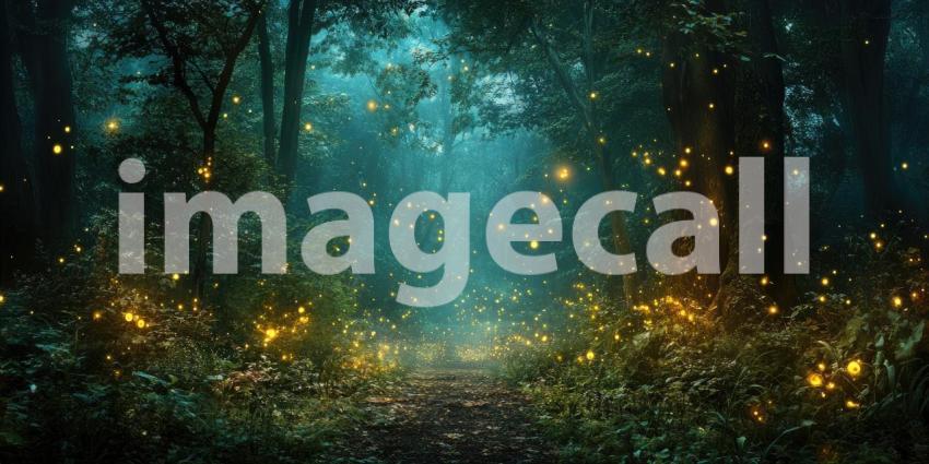 Deep Enchanted Forest with Glowing Fireflies and Mist, Magical Woodland Atmosphere, Mystical Nighttime Scene, Serene Nature
