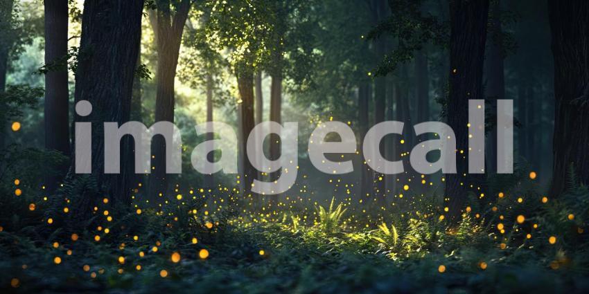 Deep Forest at Twilight with Glowing Fireflies, Magical Nightfall, Serene Woodland Atmosphere, Mystical Nature Scene