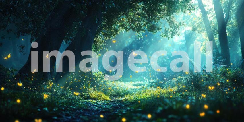Deep Enchanted Forest with Glowing Fireflies and Mist, Magical Woodland Atmosphere, Mystical Nighttime Scene, Serene Nature