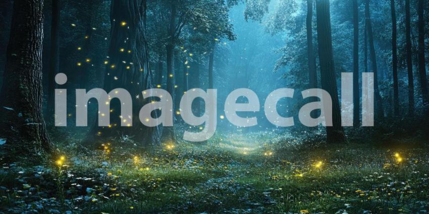 Deep Enchanted Forest with Glowing Fireflies and Mist, Magical Woodland Atmosphere, Mystical Nighttime Scene, Serene Nature