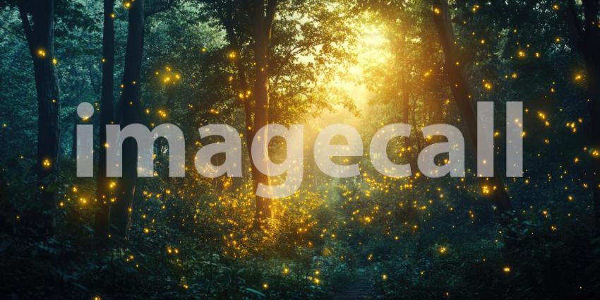 Deep Forest at Twilight with Glowing Fireflies, Magical Nightfall, Serene Woodland Atmosphere, Mystical Nature Scene