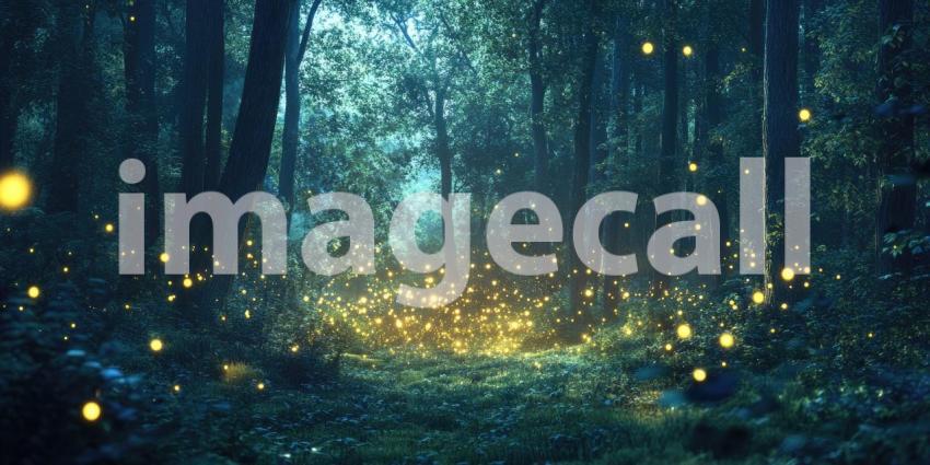Deep Forest at Twilight with Glowing Fireflies, Magical Nightfall, Serene Woodland Atmosphere, Mystical Nature Scene