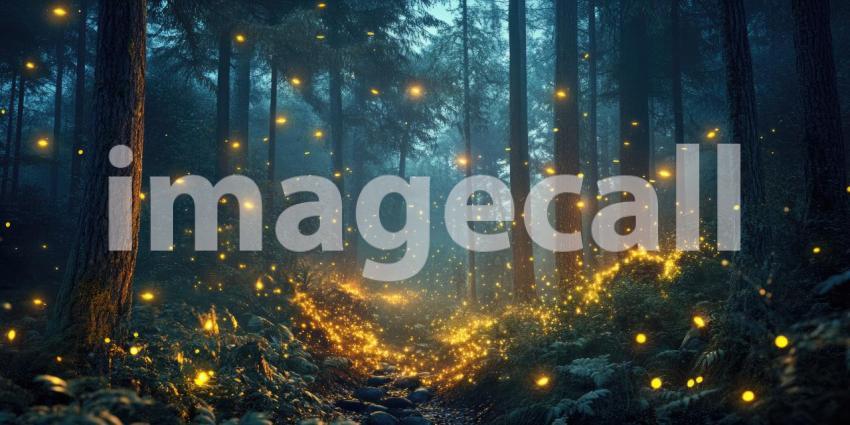 Deep Forest at Twilight with Glowing Fireflies, Magical Nightfall, Serene Woodland Atmosphere, Mystical Nature Scene
