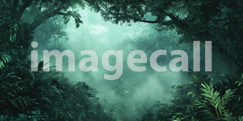 Deep Forest Green with Soft Morning Fog, Tranquil Woodland Atmosphere, Misty Green Landscape, Serene Nature Scene