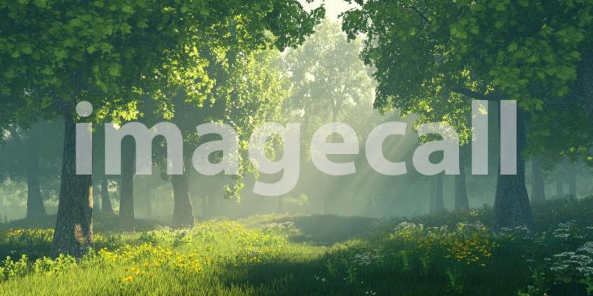 Deep Forest Green with Soft Morning Fog, Tranquil Woodland Atmosphere, Misty Green Landscape, Serene Nature Scene