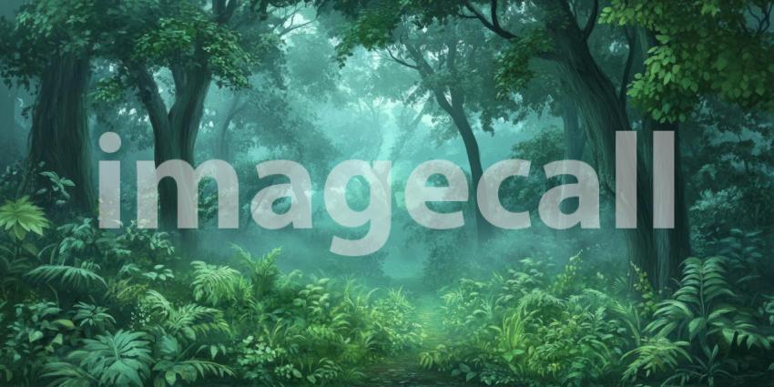 Deep Forest Green with Soft Morning Fog, Tranquil Woodland Atmosphere, Misty Green Landscape, Serene Nature Scene