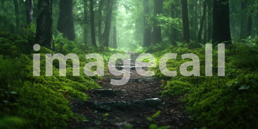 Deep Forest Pathway Covered in Soft Moss, Tranquil Woodland Walk, Lush Greenery, Serene Nature Scene