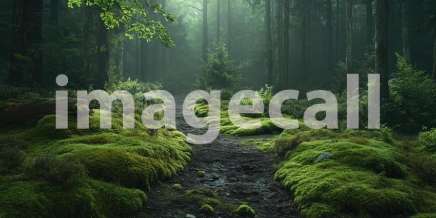 Deep Forest Pathway Covered in Soft Moss, Tranquil Woodland Walk, Lush Greenery, Serene Nature Scene