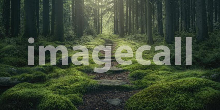 Deep Forest Pathway Covered in Soft Moss, Tranquil Woodland Walk, Lush Greenery, Serene Nature Scene