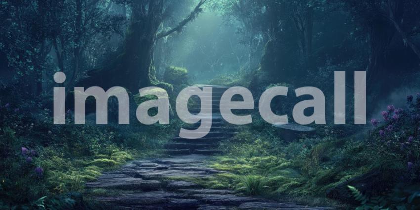 Deep Forest Pathway Covered in Soft Moss, Serene Woodland Walk, Tranquil Green Trail, Lush Nature Scene