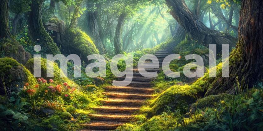 Deep Forest Pathway Covered in Soft Moss, Serene Woodland Walk, Tranquil Green Trail, Lush Nature Scene