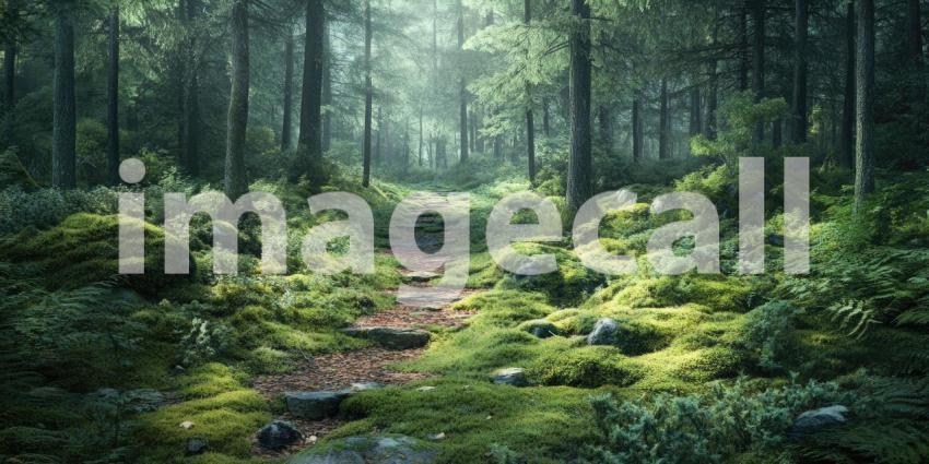 Deep Forest Pathway Covered in Soft Moss, Tranquil Woodland Walk, Lush Greenery, Serene Nature Scene