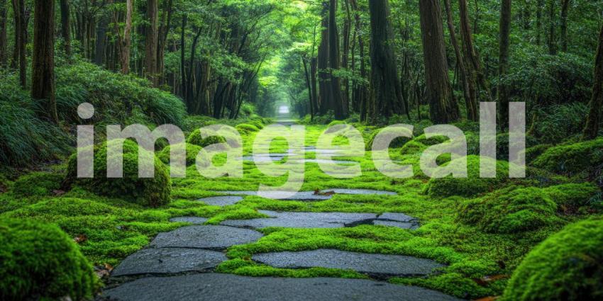 Deep Forest Pathway Covered in Soft Moss, Serene Woodland Walk, Tranquil Green Trail, Lush Nature Scene