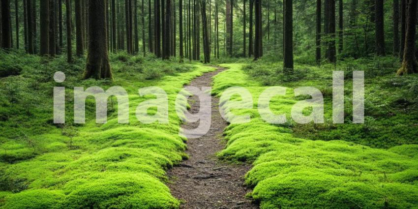 Deep Forest Pathway Covered in Soft Moss, Serene Woodland Walk, Tranquil Green Trail, Lush Nature Scene