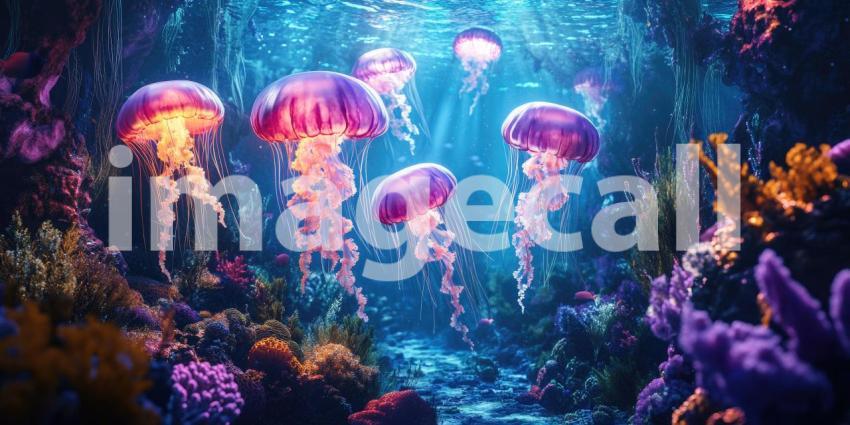 Deep Underwater Scene with Glowing Jellyfish and Coral Reef, Bioluminescent Ocean Life, Serene Glow Background
