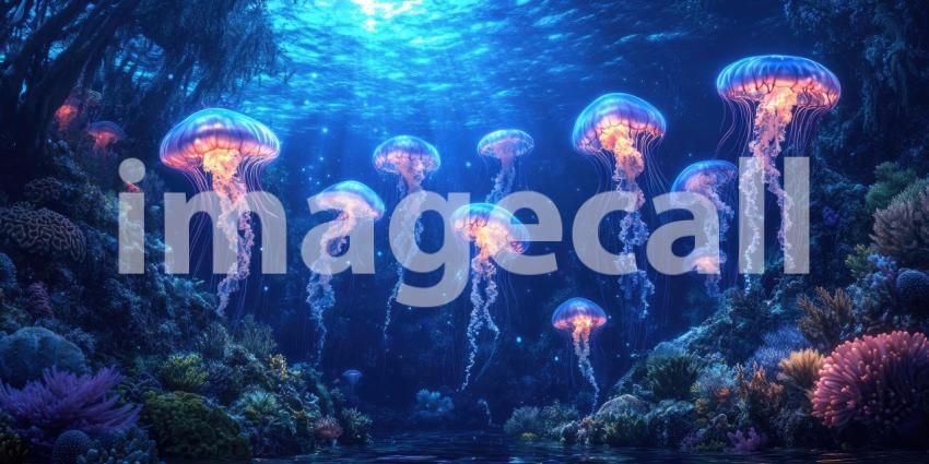 Deep Underwater Scene with Glowing Jellyfish and Coral Reef, Bioluminescent Ocean Life, Serene Glow Background