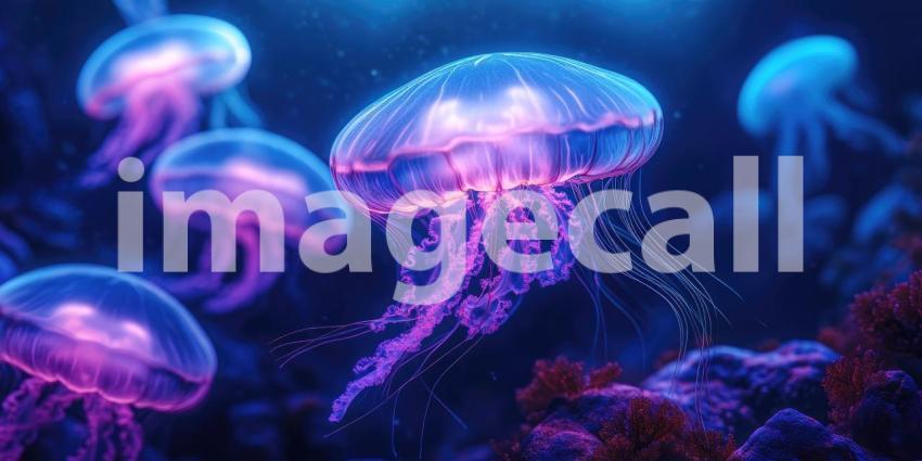 Deep Underwater Scene with Glowing Jellyfish and Coral Reef, Bioluminescent Marine Life, Tranquil Ocean Background