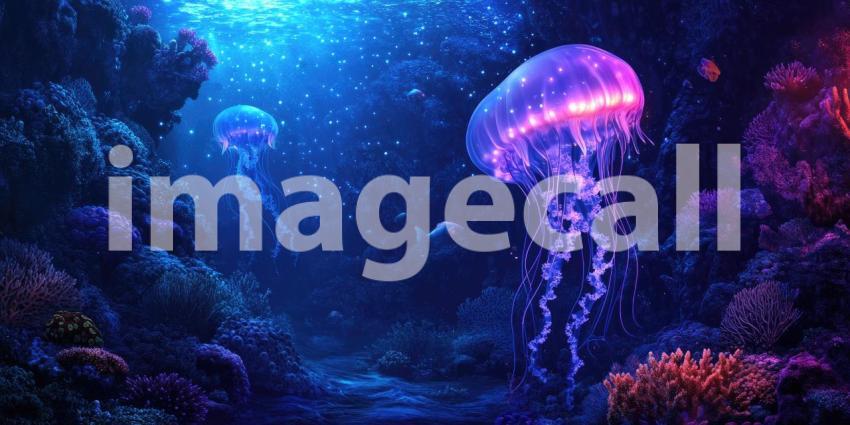 Deep Underwater Scene with Glowing Jellyfish and Coral Reef, Bioluminescent Marine Life, Tranquil Ocean Background