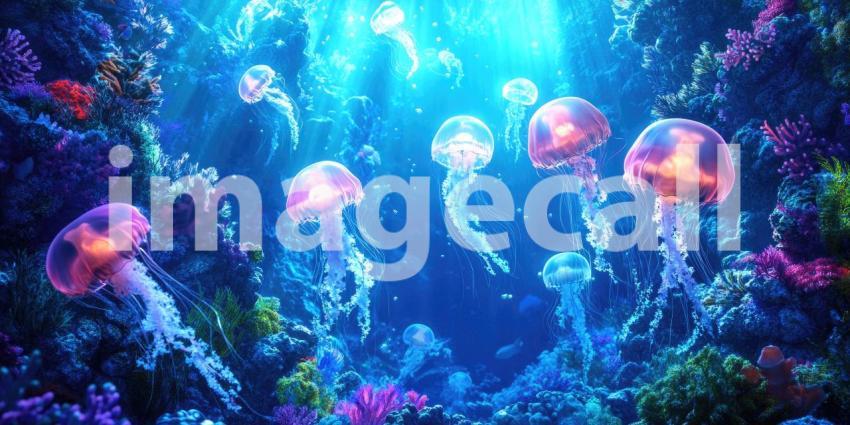 Deep Underwater Scene with Glowing Jellyfish and Coral Reef, Bioluminescent Marine Life, Tranquil Ocean Background
