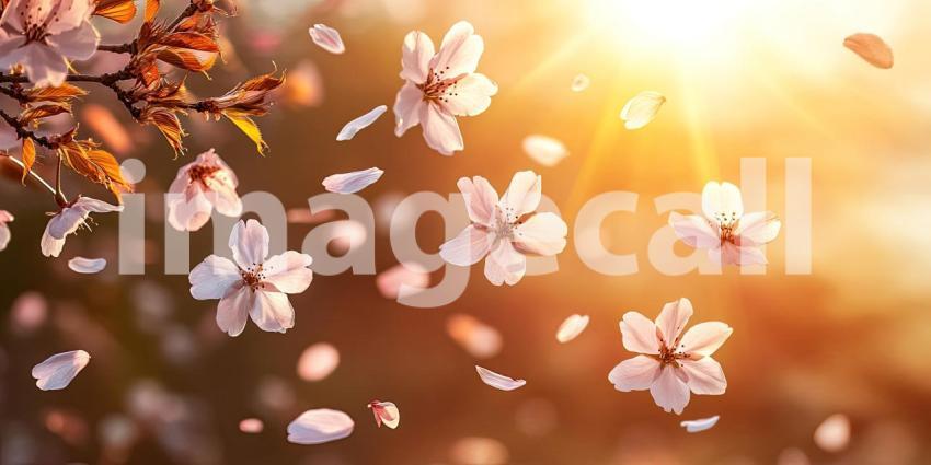 Delicate Cherry Blossom Petals Gently Falling in Soft Sunlight, Spring Bloom, Serene Floral Background
