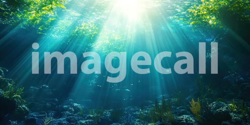 Deep Underwater Scene with Sunlight Rays Piercing Through, Ocean Depths, Serene Marine Glow Background