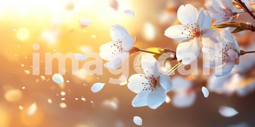 Delicate Cherry Blossom Petals Gently Falling in Soft Sunlight, Spring Bloom, Serene Floral Background