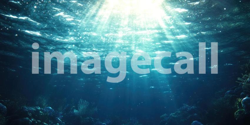 Deep Underwater Scene with Sunlight Rays Piercing Through, Ocean Depths, Serene Marine Glow Background