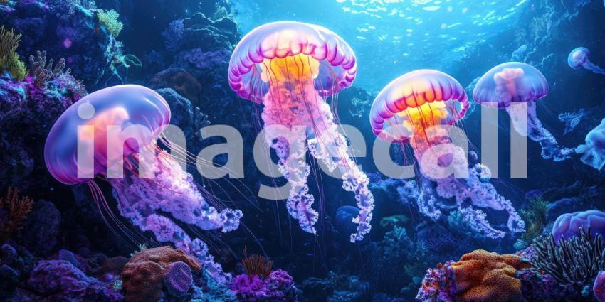 Deep Underwater Scene with Glowing Jellyfish and Coral Reef, Bioluminescent Marine Life, Tranquil Ocean Background