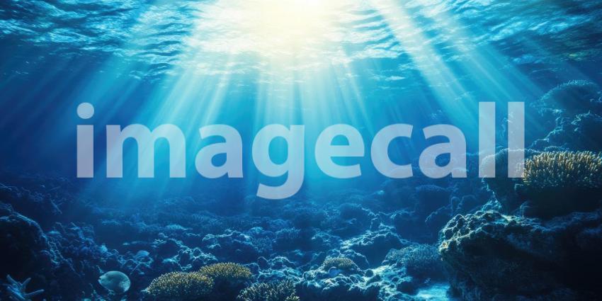 Deep Underwater Scene with Sunlight Rays Piercing Through, Ocean Depths, Serene Marine Glow Background