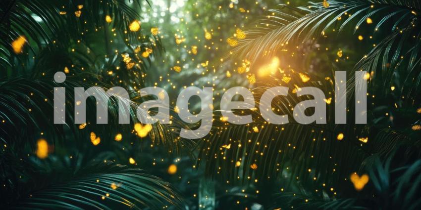Dense Jungle with Glowing Fireflies at Dusk, Mystical Twilight, Enchanted Forest Light Background