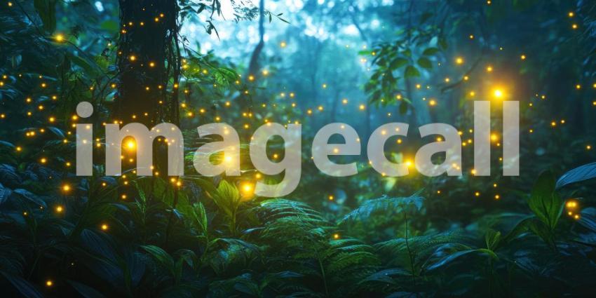 Dense Jungle with Glowing Fireflies at Dusk, Mystical Twilight, Enchanted Forest Light Background