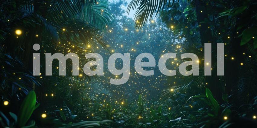 Dense Jungle with Glowing Fireflies at Dusk, Mystical Twilight, Enchanted Forest Light Background