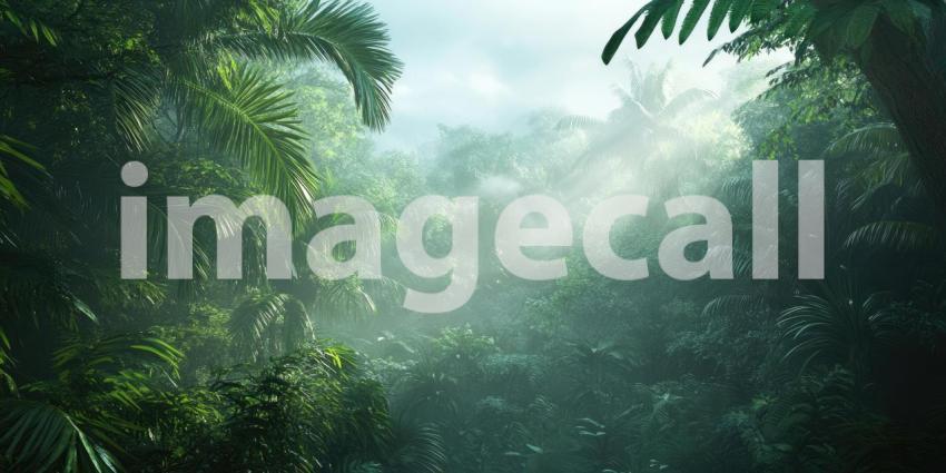 Dense Jungle with Misty Morning Fog, Serene Atmosphere, Lush Greenery, Tranquil Tropical Forest Background