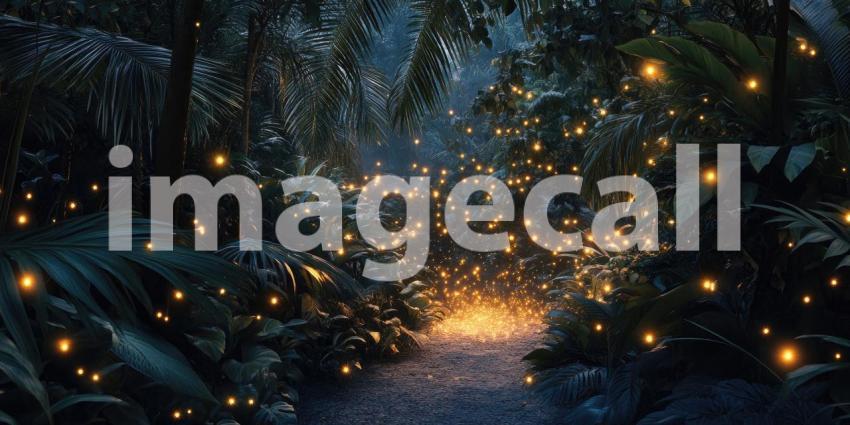 Dense Jungle with Glowing Fireflies at Dusk, Mystical Twilight, Enchanted Forest Light Background