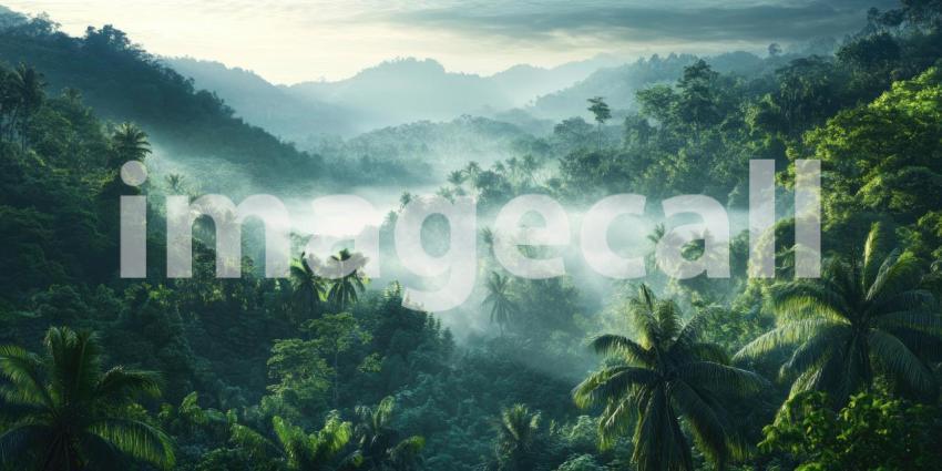Dense Jungle with Misty Morning Fog, Serene Atmosphere, Lush Greenery, Tranquil Tropical Forest Background