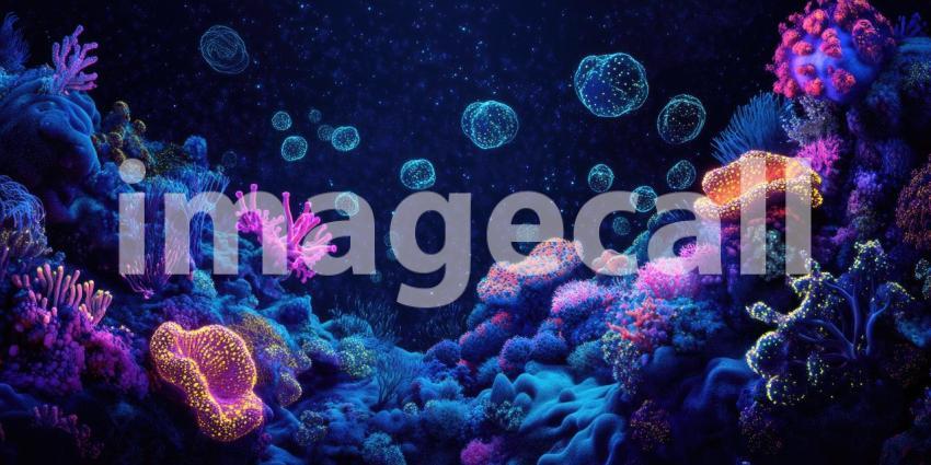 Deep Underwater Abyss with Glowing Bioluminescent Creatures, Dark Ocean, Mystical Ocean Life Background