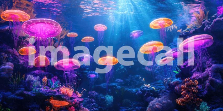 Deep Underwater Abyss with Glowing Bioluminescent Creatures, Dark Ocean, Mystical Ocean Life Background