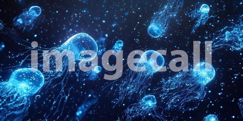 Deep Underwater Abyss with Glowing Bioluminescent Creatures, Dark Ocean, Mystical Ocean Life Background