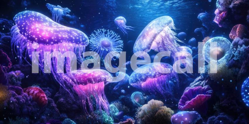 Deep Underwater Abyss with Glowing Bioluminescent Creatures, Dark Ocean, Mystical Ocean Life Background