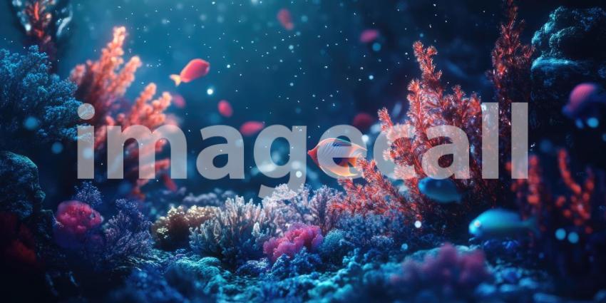 Deep Underwater Scene with Glowing Fish and Corals, Bioluminescent Marine Life, Ocean Glow Background