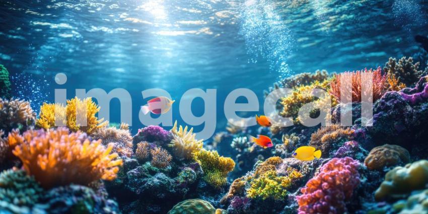 Deep Underwater Scene with Glowing Fish and Corals, Bioluminescent Marine Life, Ocean Glow Background