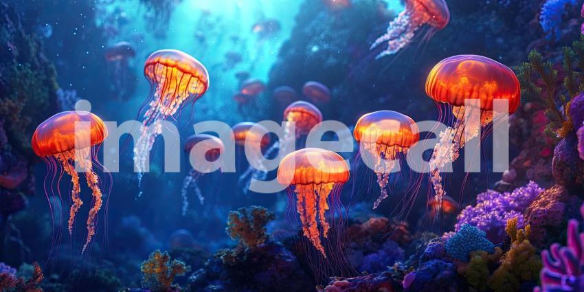 Deep Underwater Scene with Glowing Jellyfish and Coral Reef, Bioluminescent Ocean Life, Serene Glow Background