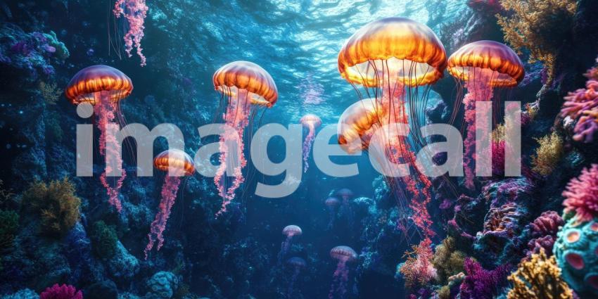 Deep Underwater Scene with Glowing Jellyfish and Coral Reef, Bioluminescent Ocean Life, Serene Glow Background